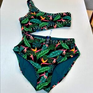 Tropical Print One-Shoulder Bikini